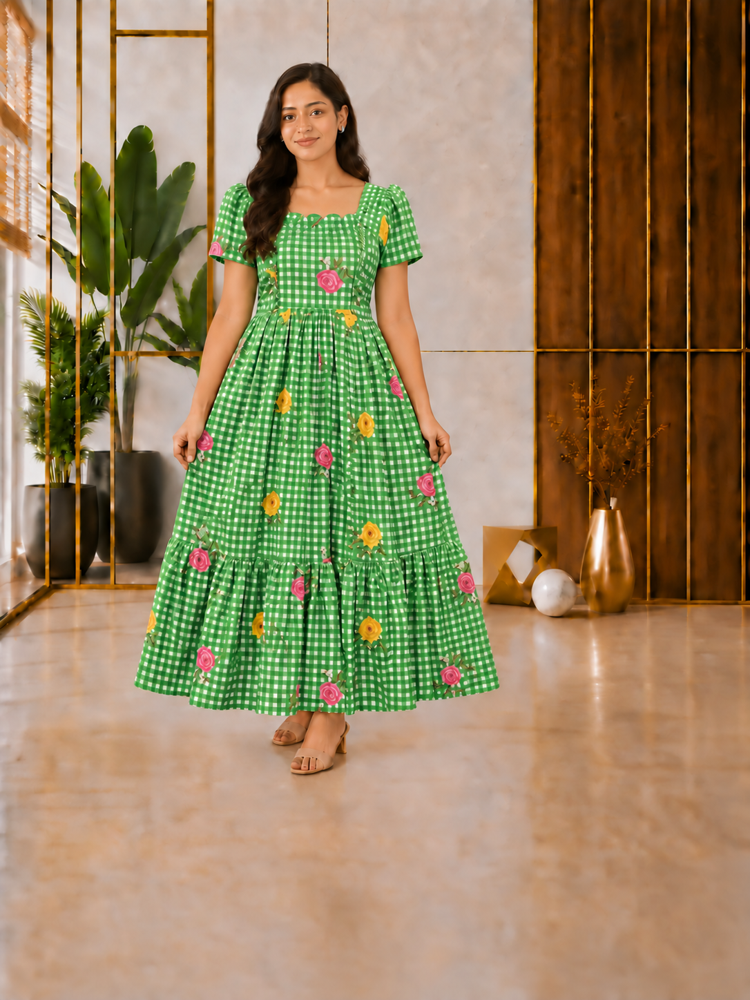 premium cotton Green checked half sleeve feeding dress with waist flap conceals the zip closure