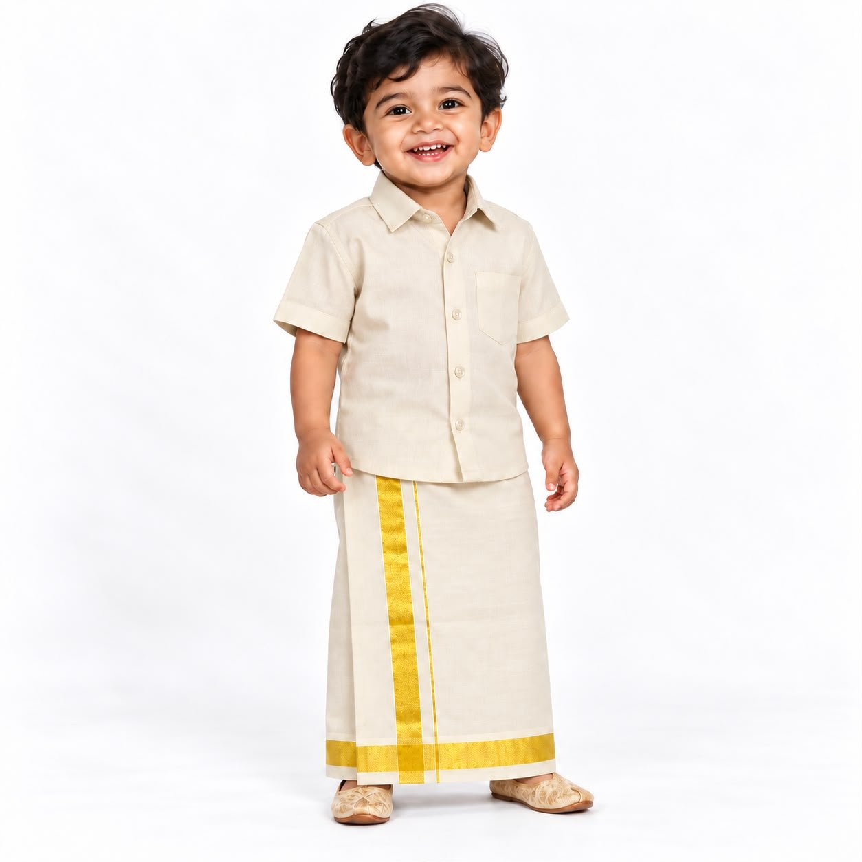 Boys Traditional Readymade Special Half Sleeve Shirt with Matching Zari Border Dhoti Sets.