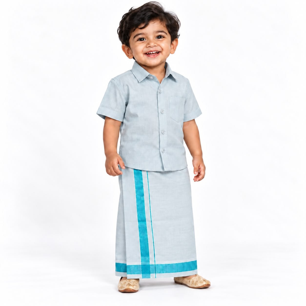 Boys Traditional Readymade Special Half Sleeve Shirt with Matching Zari Border Dhoti Sets.
