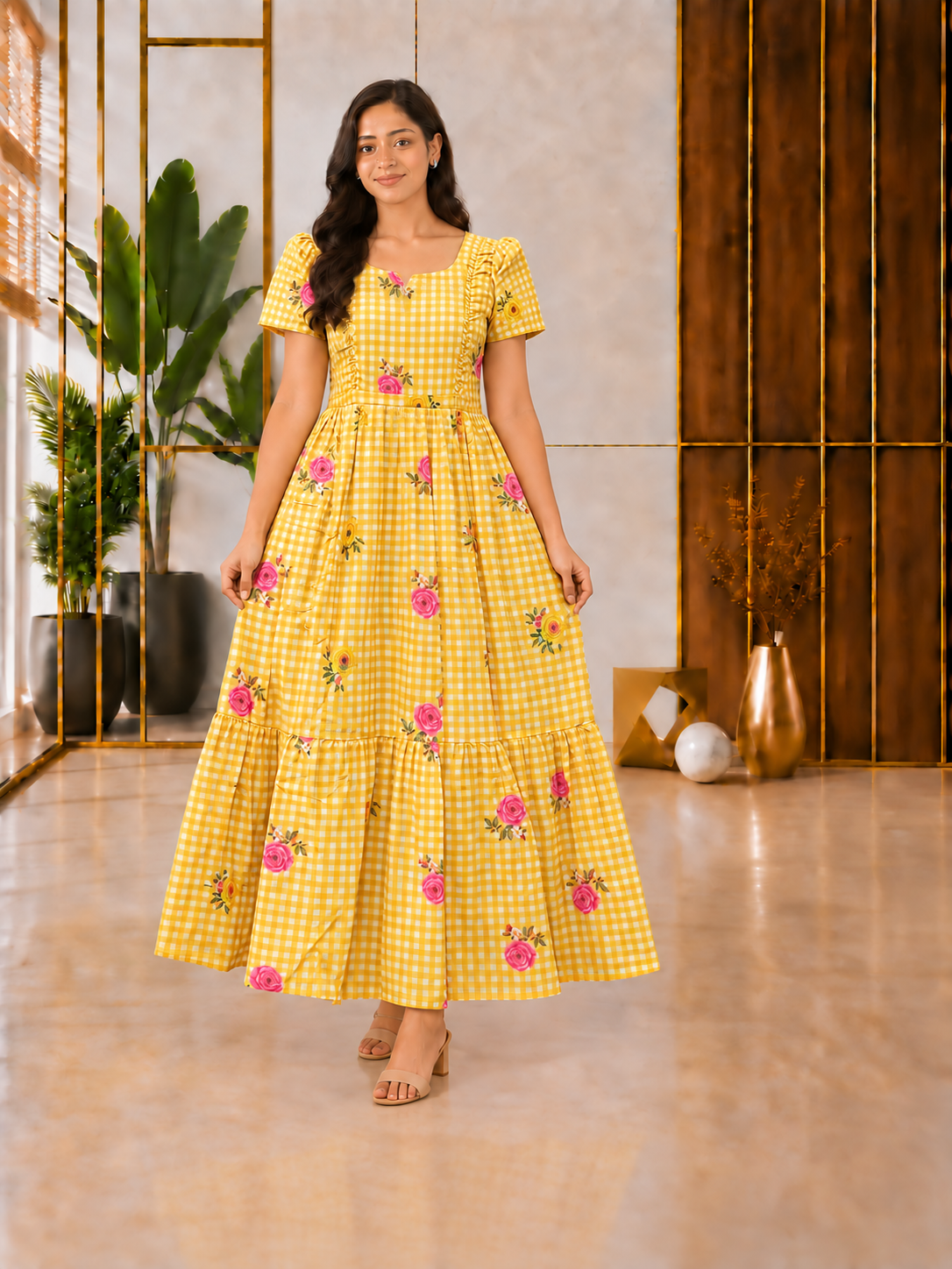 premium cotton Yellow checked  Half  Sleeve feeding dress with waist flap conceals the zip closure