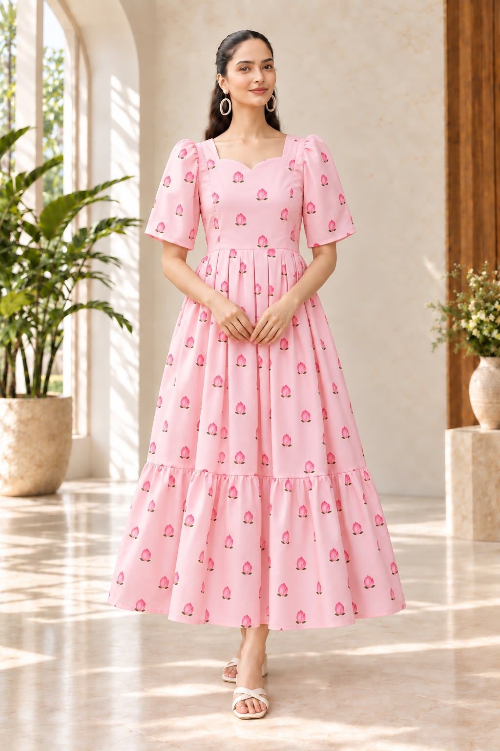 premium cotton Pink Lotus feeding dress with full Lining & pocket