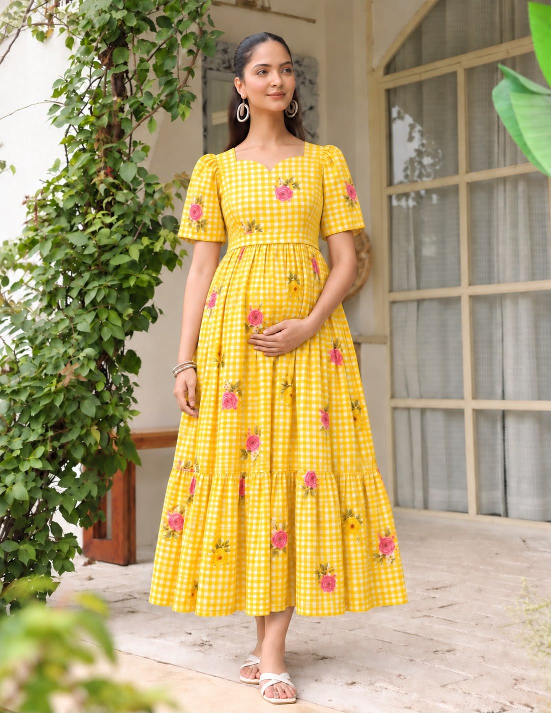 premium cotton Yellow checked  Half  Sleeve feeding dress with waist flap conceals the zip closure