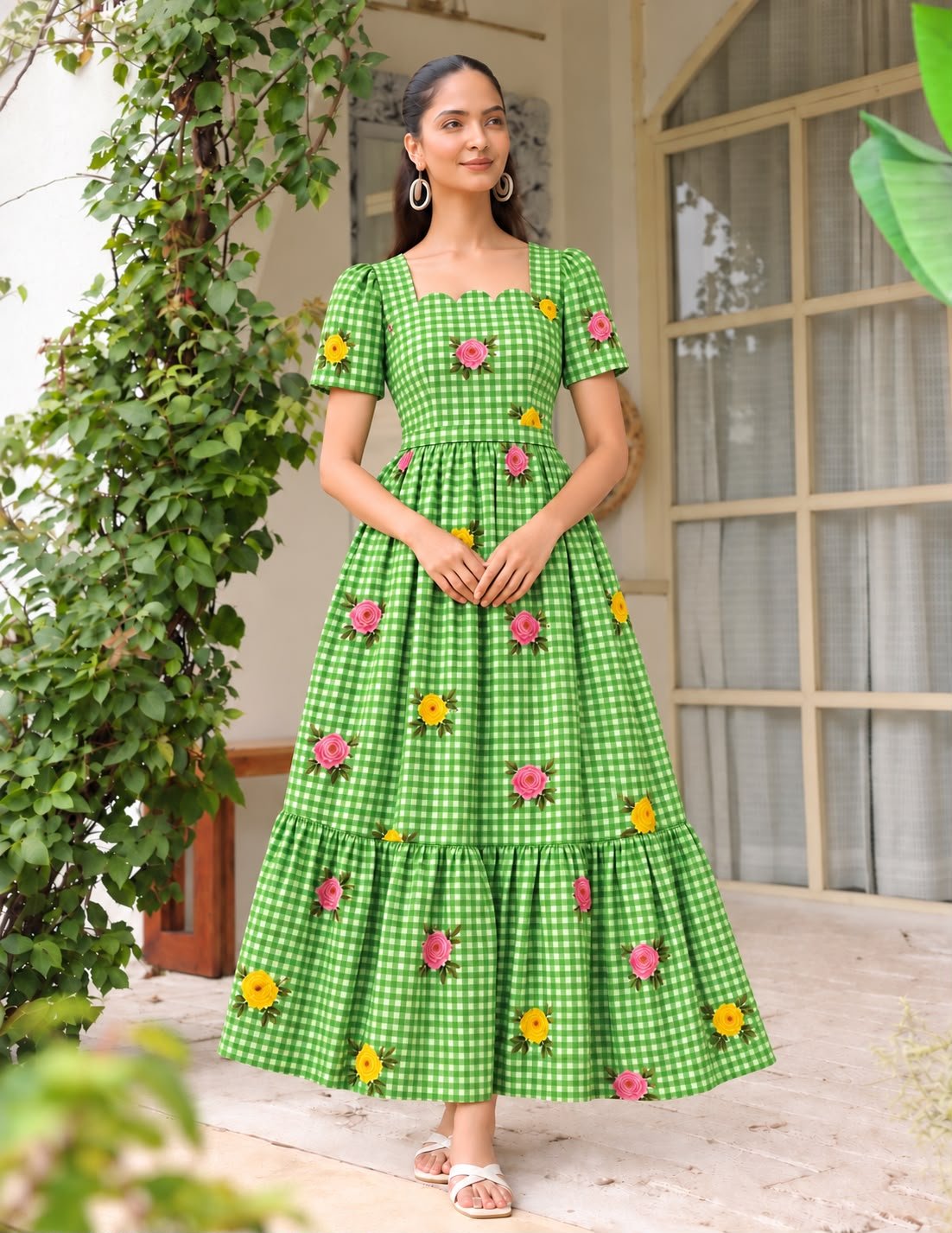 premium cotton Green checked half sleeve feeding dress with waist flap conceals the zip closure