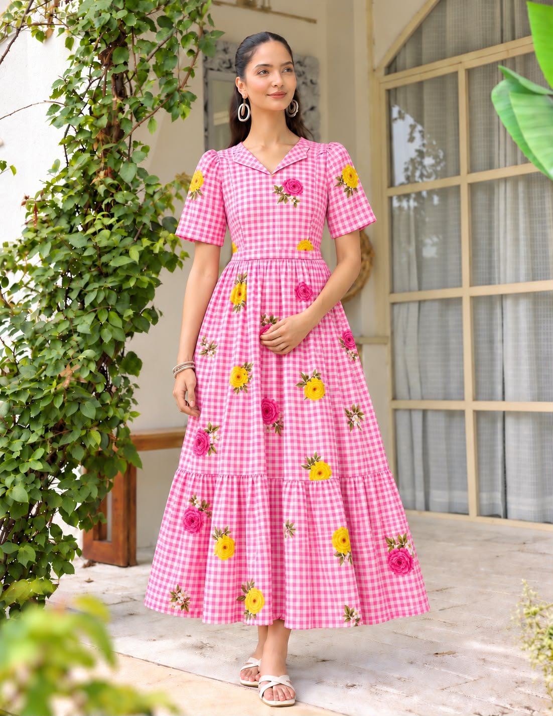 premium cotton pink checked  Half Sleeve  feeding dress with waist flap conceals the zip closure-full Linning