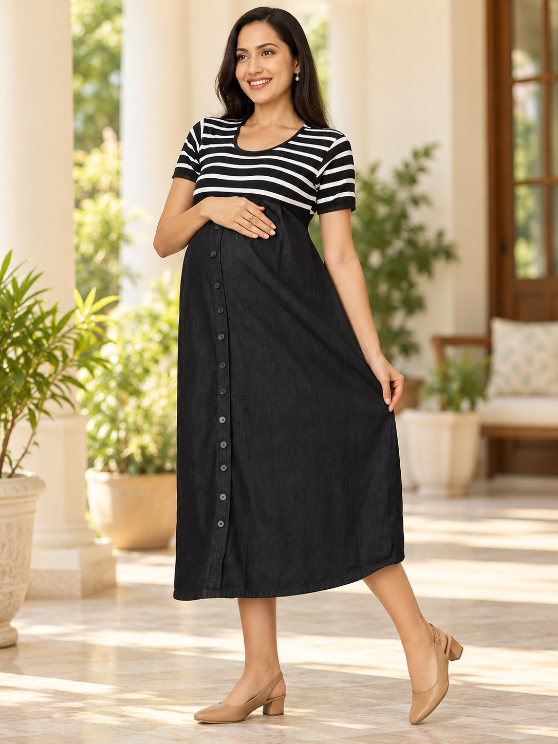 Premium Striped Denim Maternity Maxi Dress | Feeding Wear-BLACK