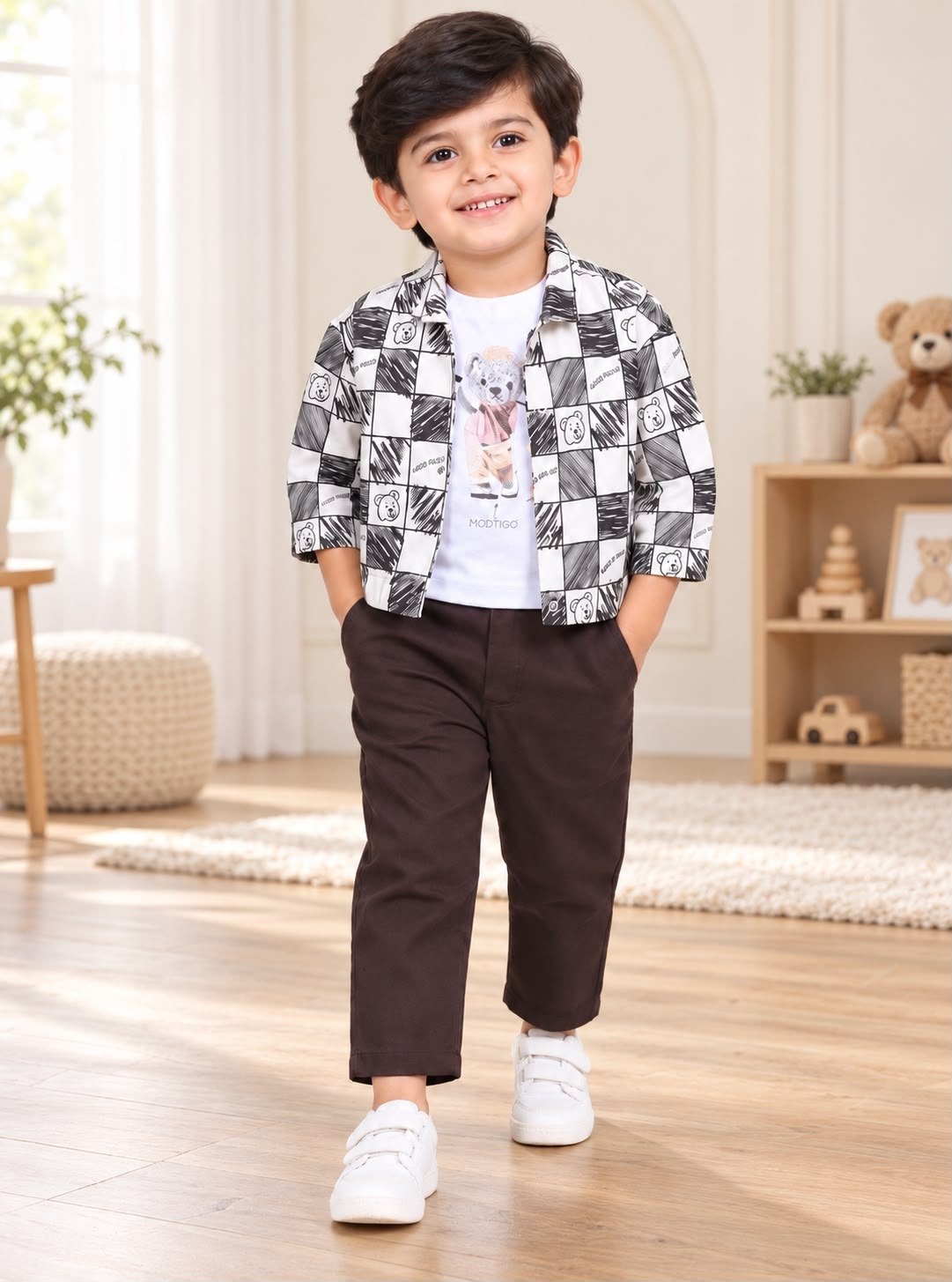3Pc Boys Woven Jacket Set with Printed T-Shirt & Pants