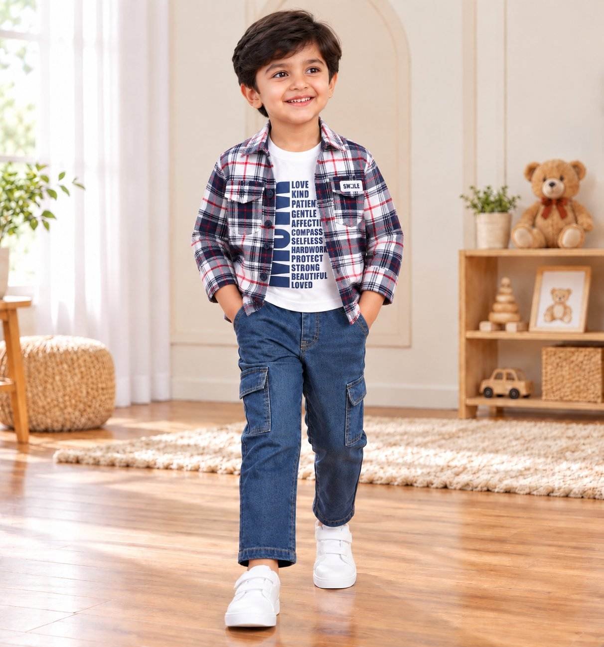 Baby Boys Plaid Shirt T-Shirt & Denim Cargo Pant Set.