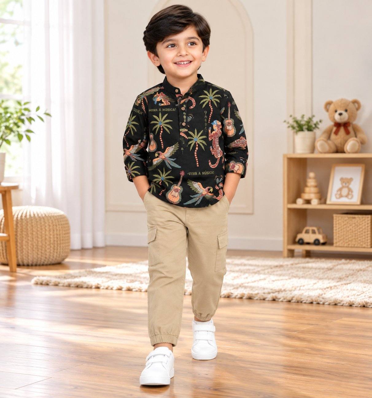 Baby Boys Printed Shirt & Cargo Jogger Party Wear Set.
