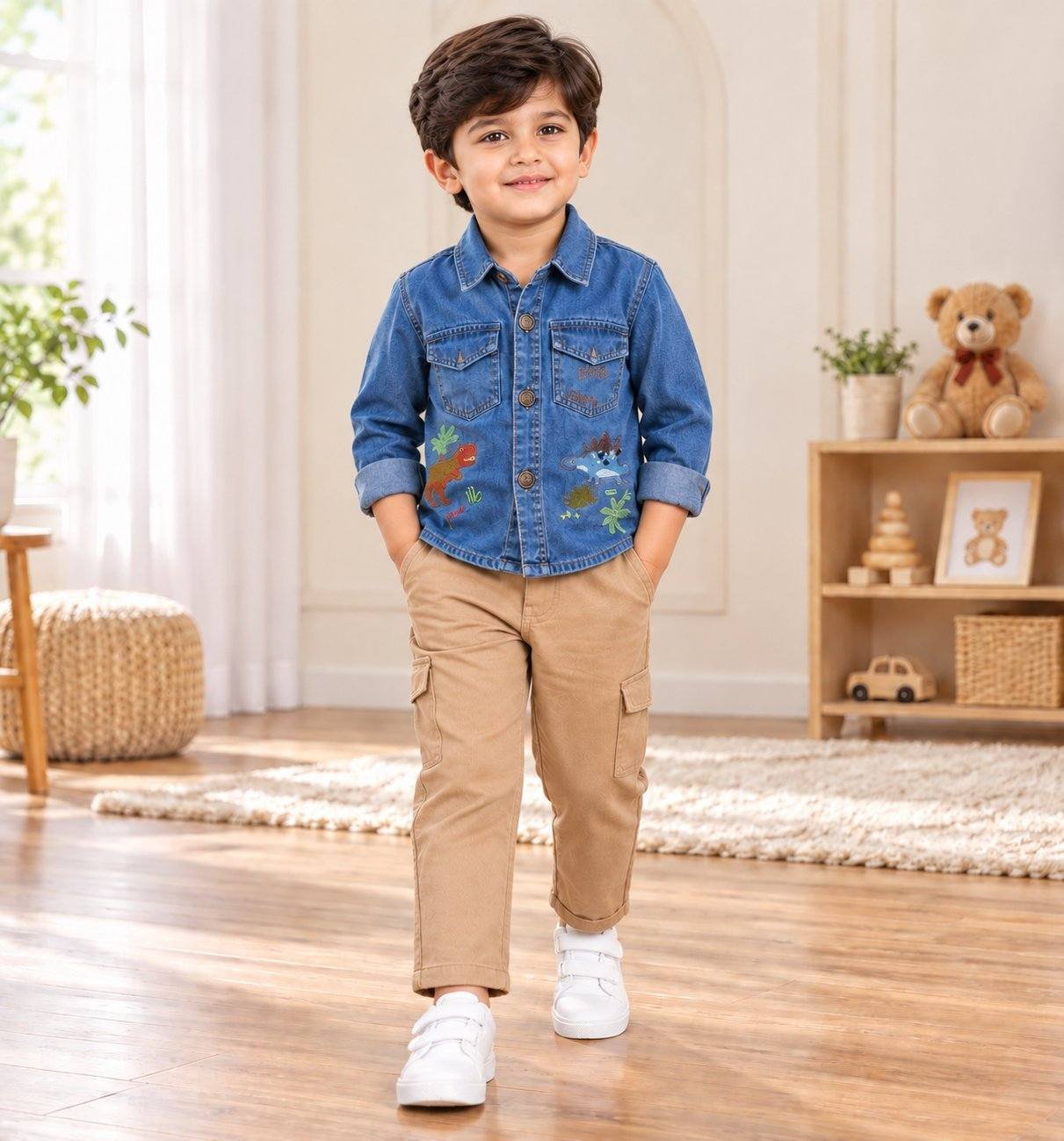 Baby Boys Dinosaur Denim Shirt & Cargo Pant Party Wear Set.