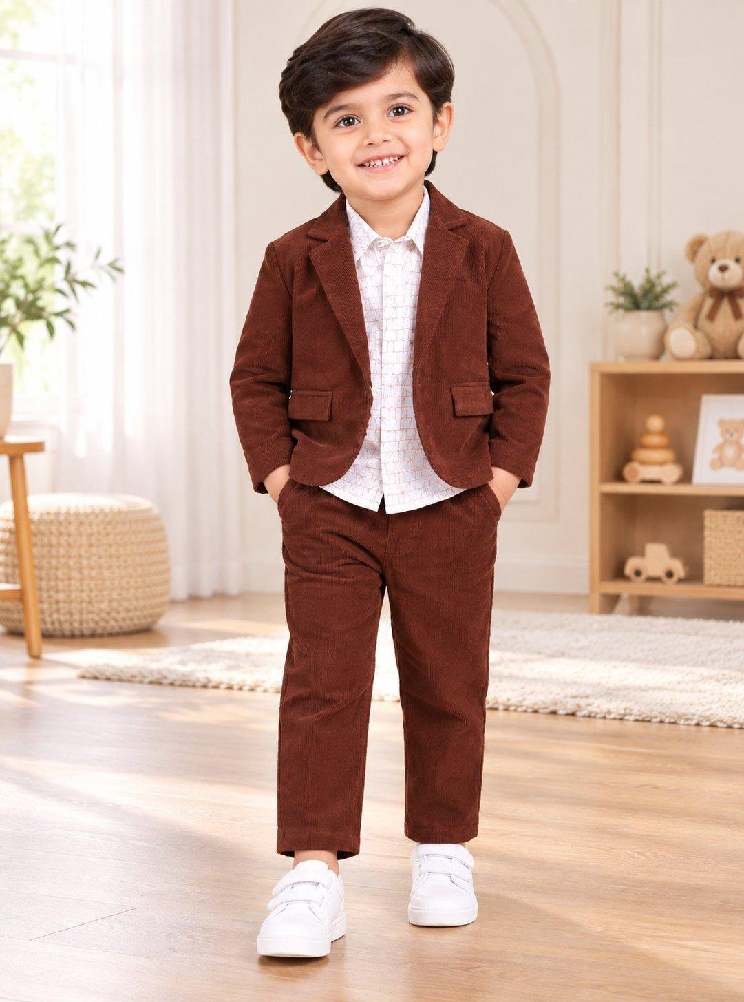 Baby Boys Rust Blazer Shirt Pant 3 Piece Party Wear Suit.