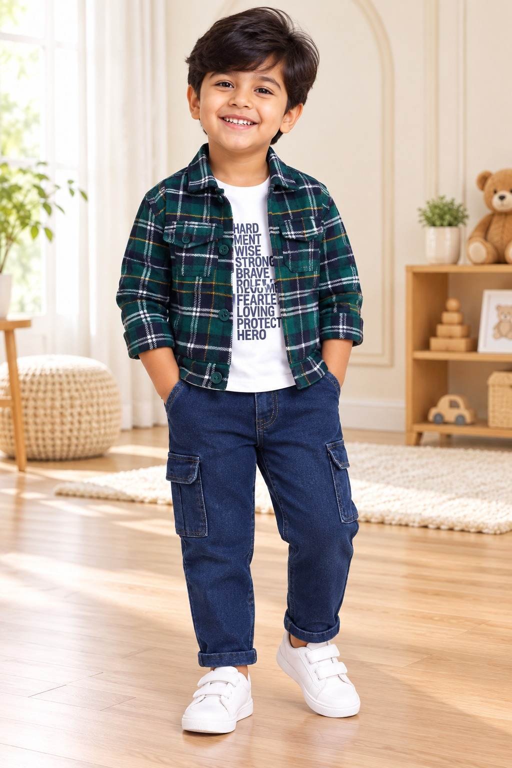 Baby Boys 3 Piece Plaid Jacket T-Shirt & Denim Pant Party Set.