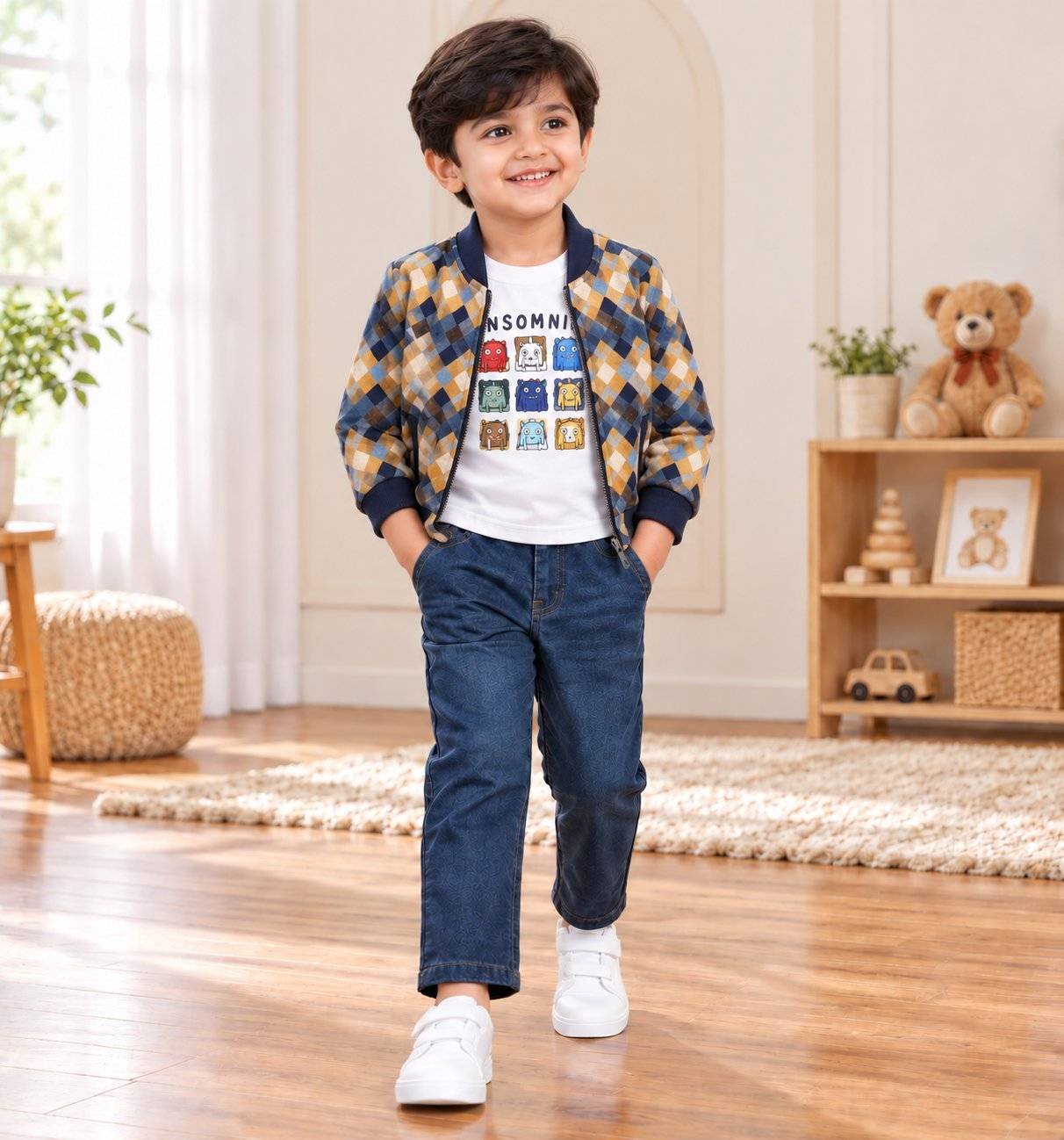 Kids’ Plaid Jacket, Monster Tee and Jeans