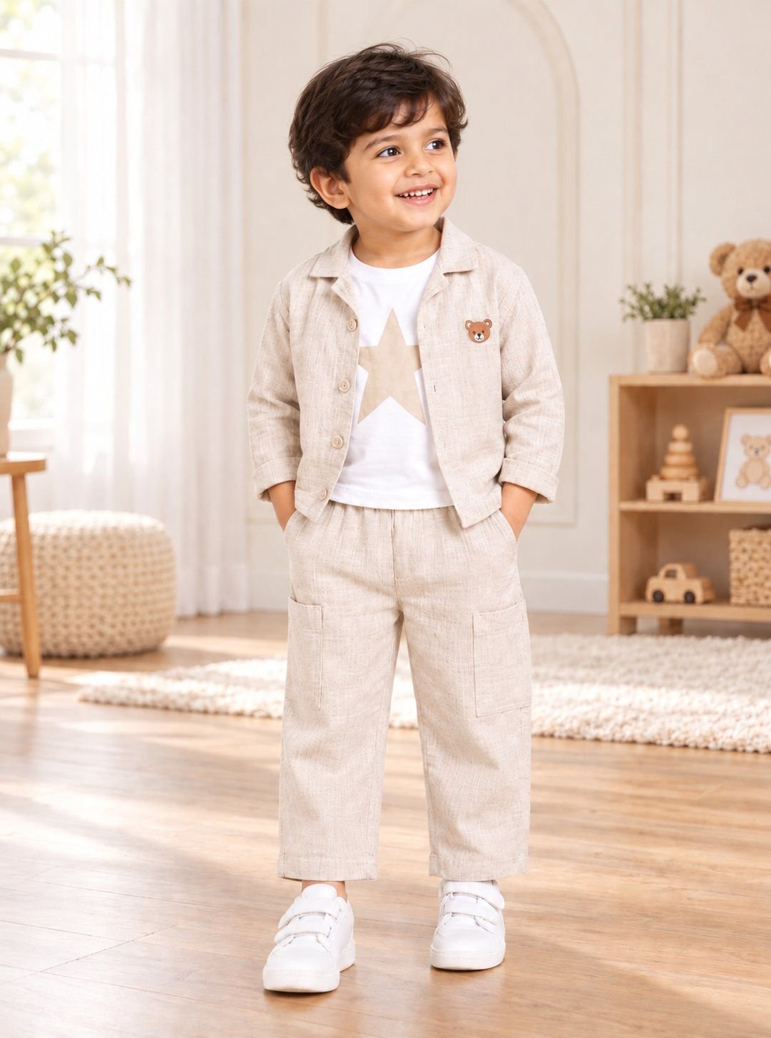 Neutral Bear Patch Toddler Outfit | Boys T-Shirt & Pants Set