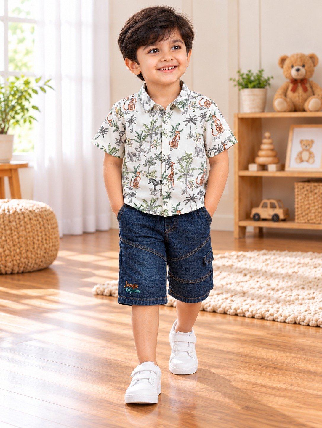 Kids Woven Shirt Set with Embroidery Print | Boys Party Wear