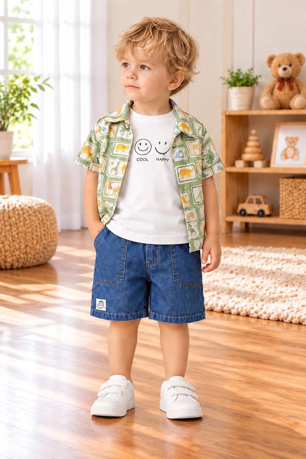 Boys Woven Shirt & Shorts Set with Embroidery Print