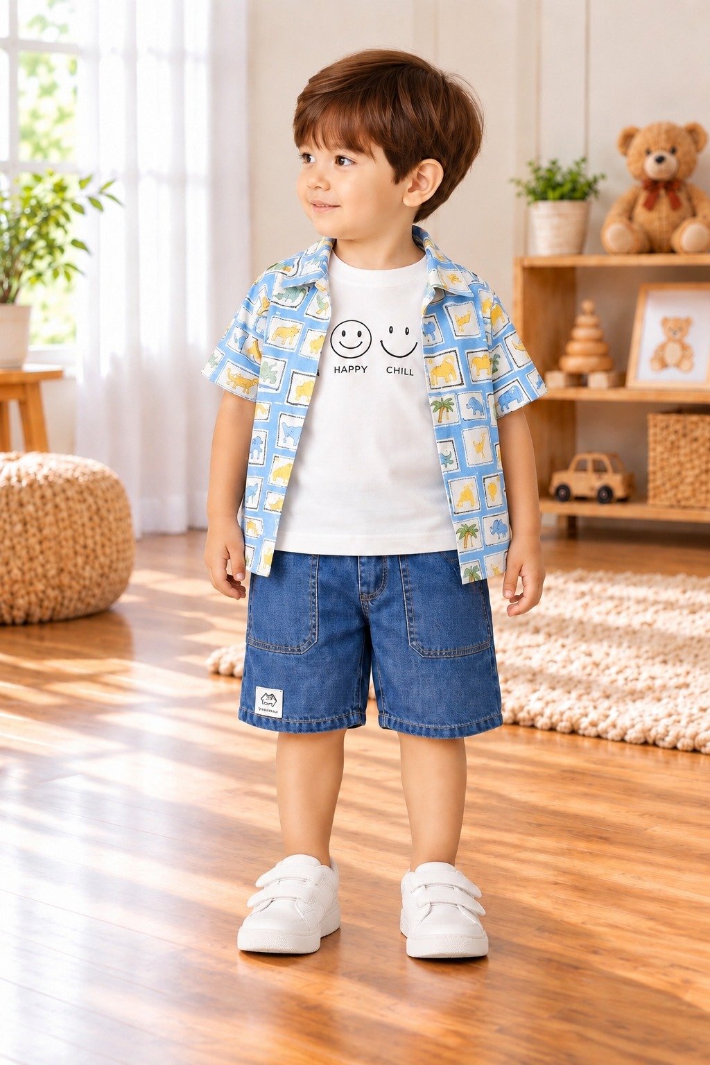 Boys Woven Shirt & Shorts Set with Embroidery Print