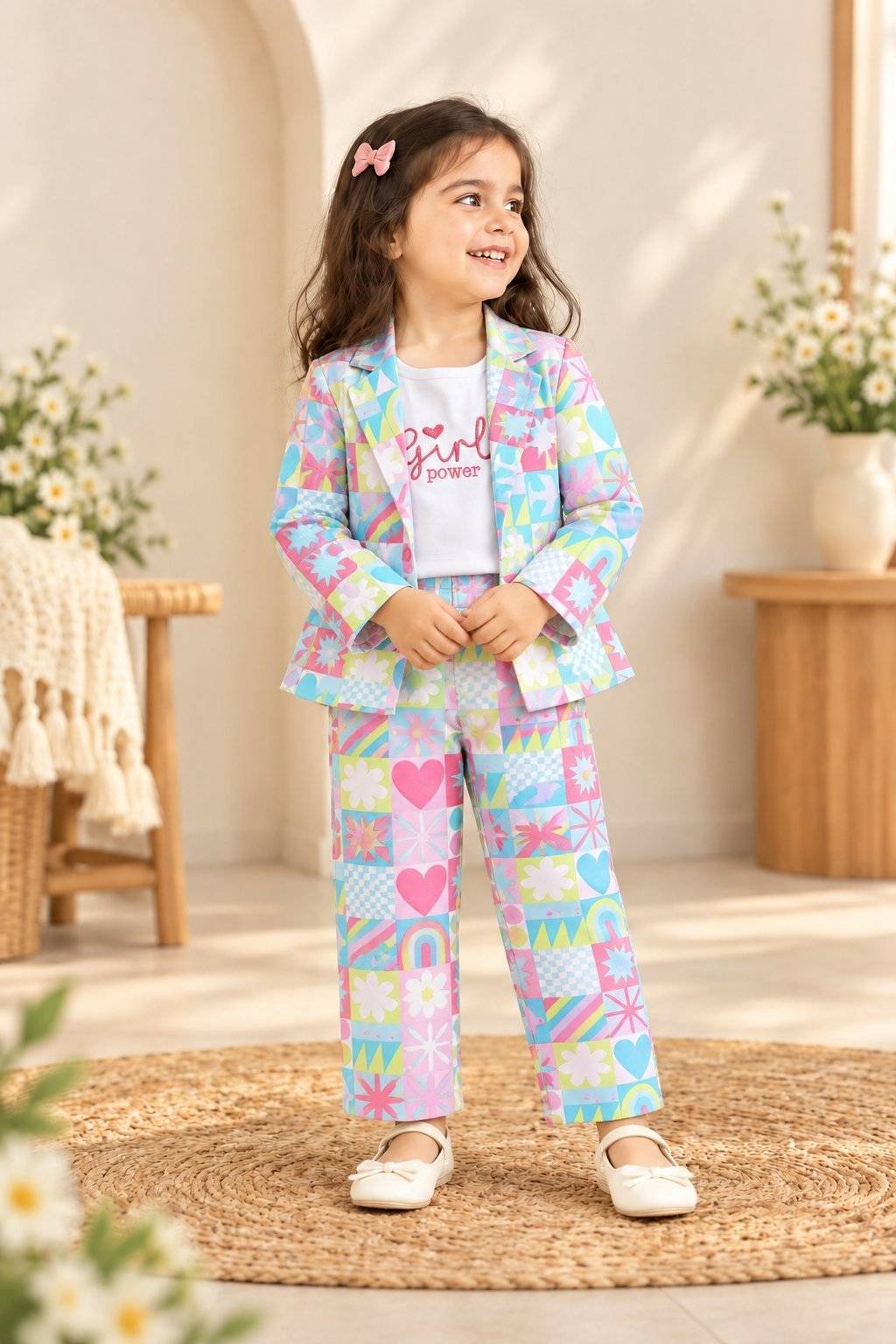 Girls Colorful 3 Piece Party Wear Blazer Top & Pant Set.
