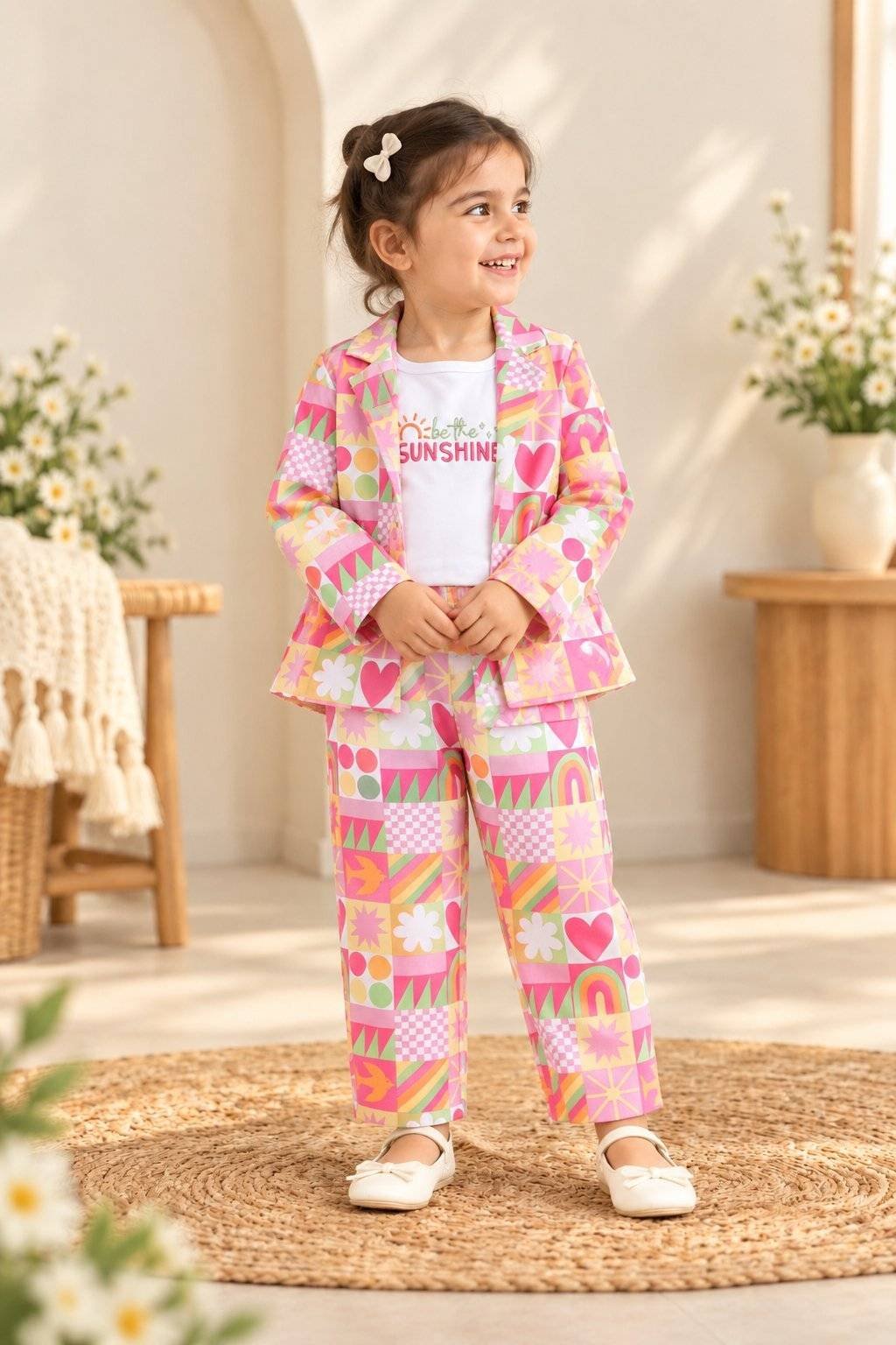 Girls Pink Patchwork 3 Piece Blazer Top & Pant Party Wear Set.