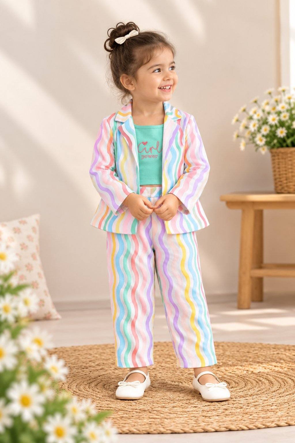 Girls Pastel Rainbow 3 Piece Blazer Top & Pant Party Wear Set