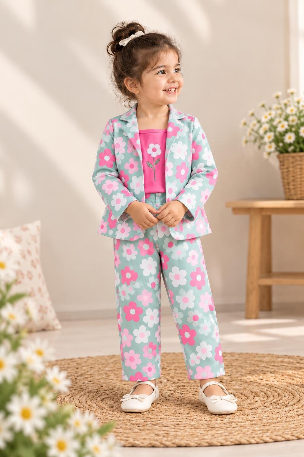 Girls Aqua Blue Floral 3 Piece Blazer Top & Pant Party Wear Set