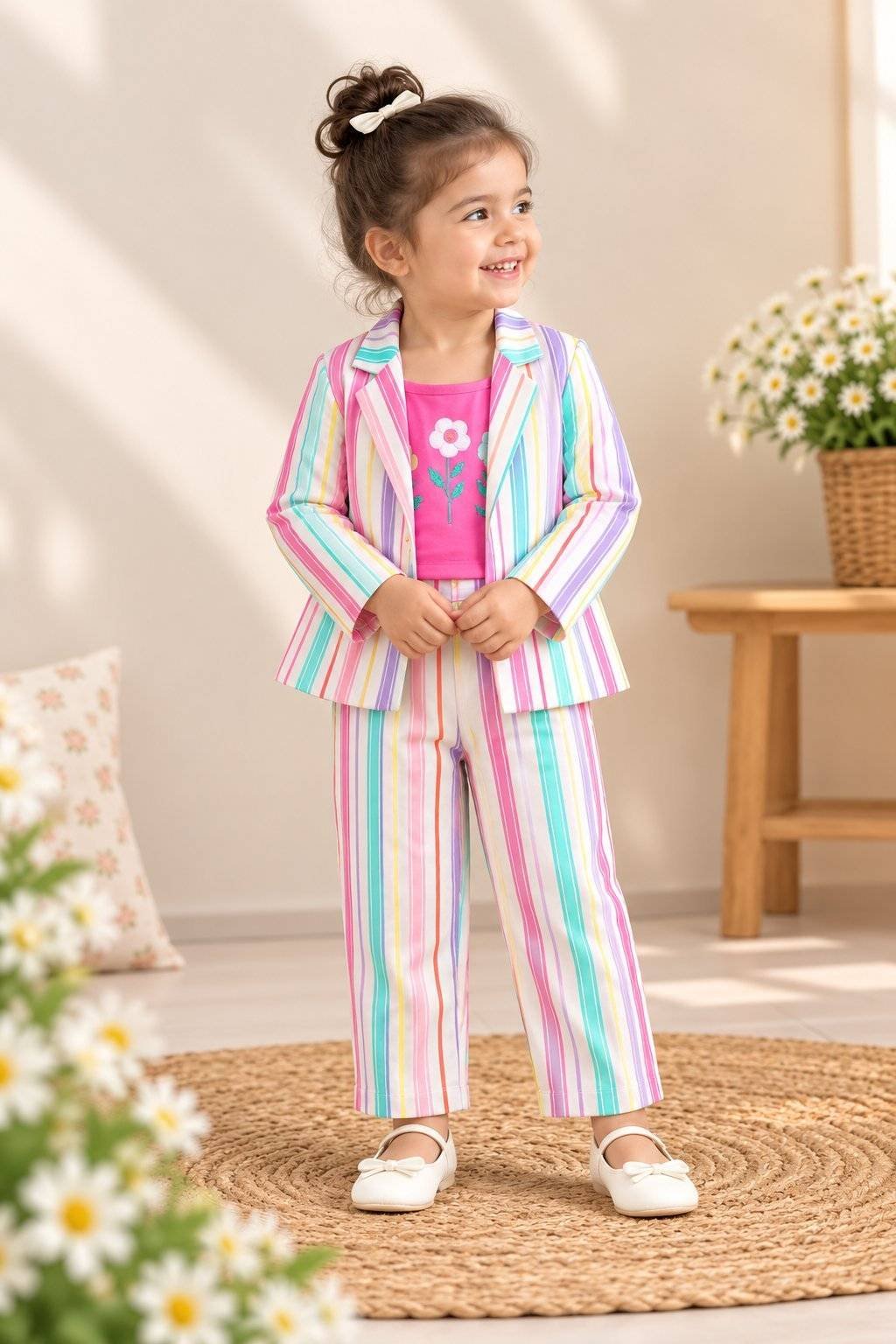 Girls Multicolor Striped 3 Piece Blazer Top & Pant Party Wear Set.