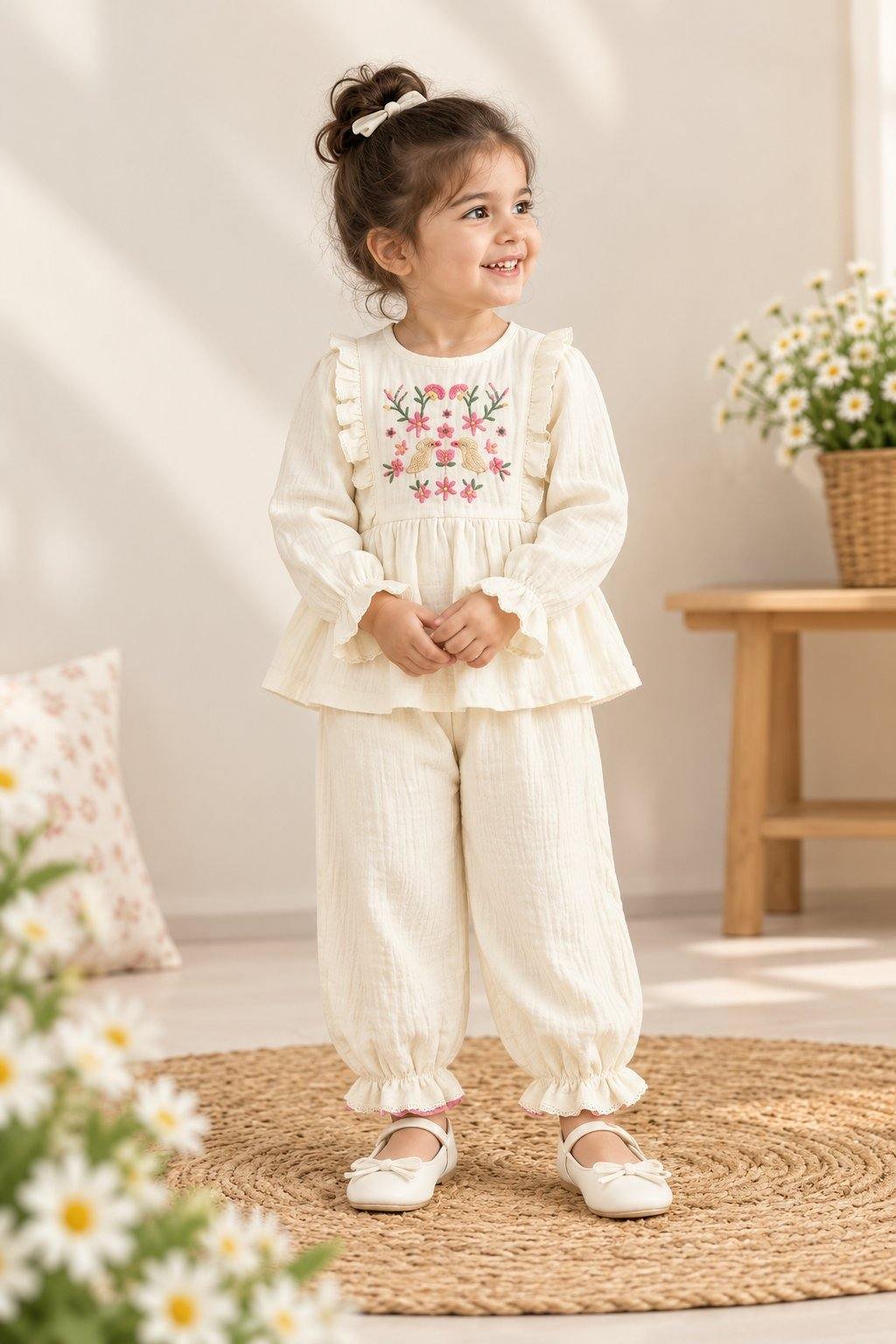 Girls Ivory Floral & Bird Embroidered Ruffle Top and Pant Set