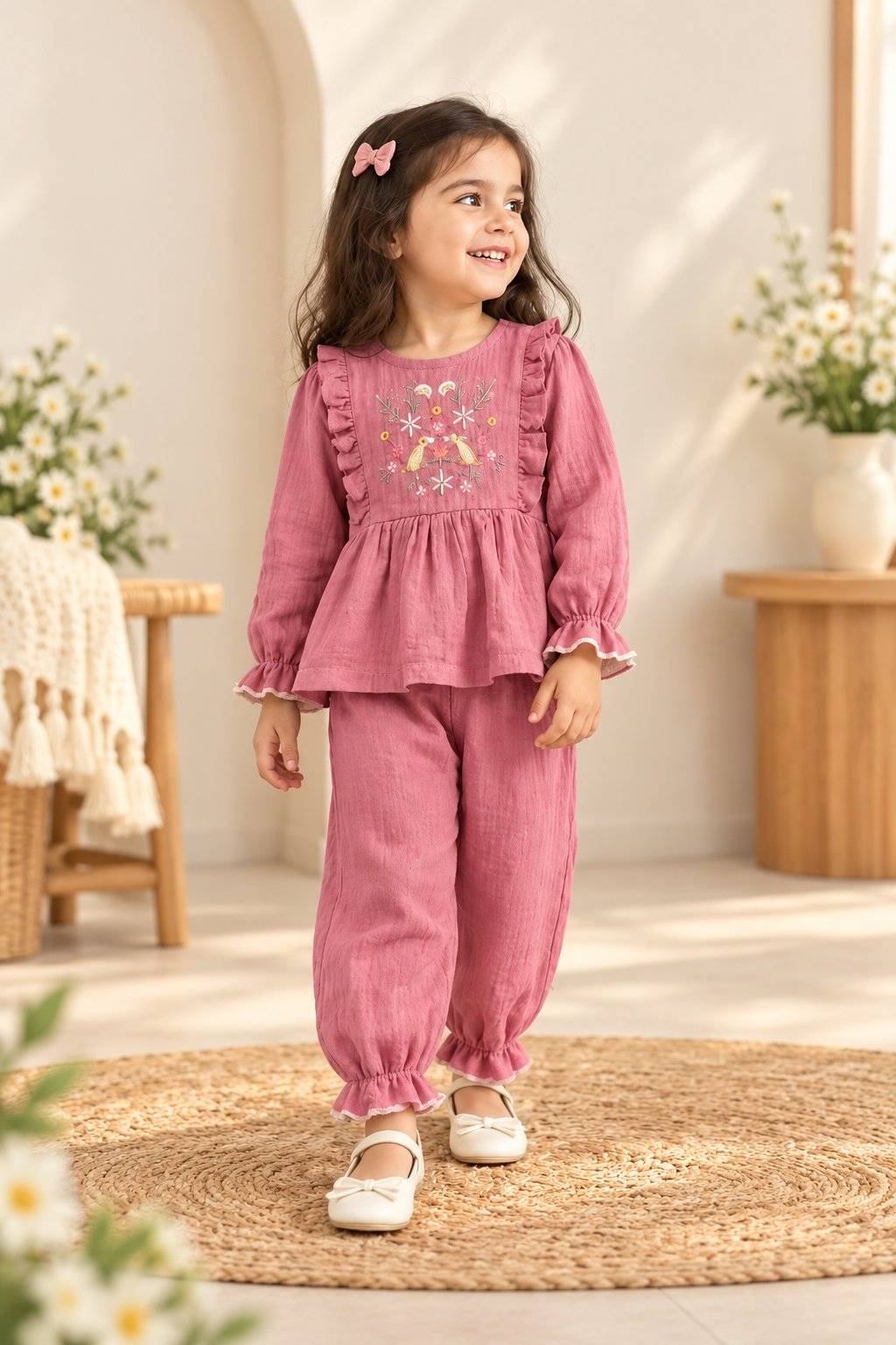 Girls Onion Pink Floral & Bird Embroidered Ruffle Top and Pant Set.