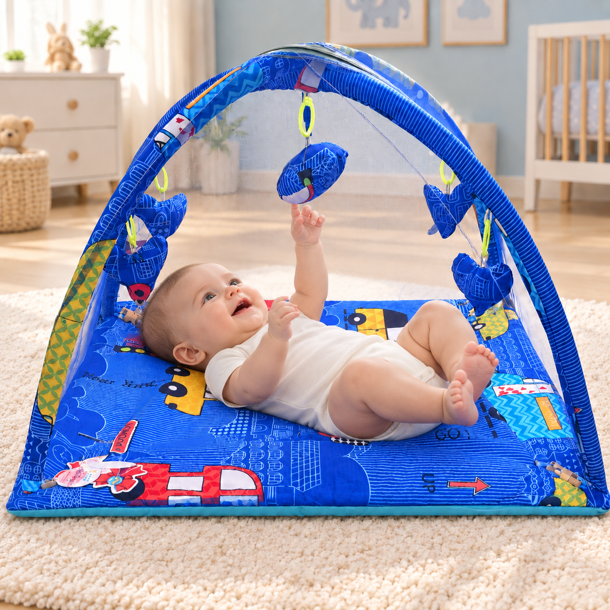 Baby Soft Play Gym with Mosquito Net & Colourful Hanging Toys Cute Assorted Print .