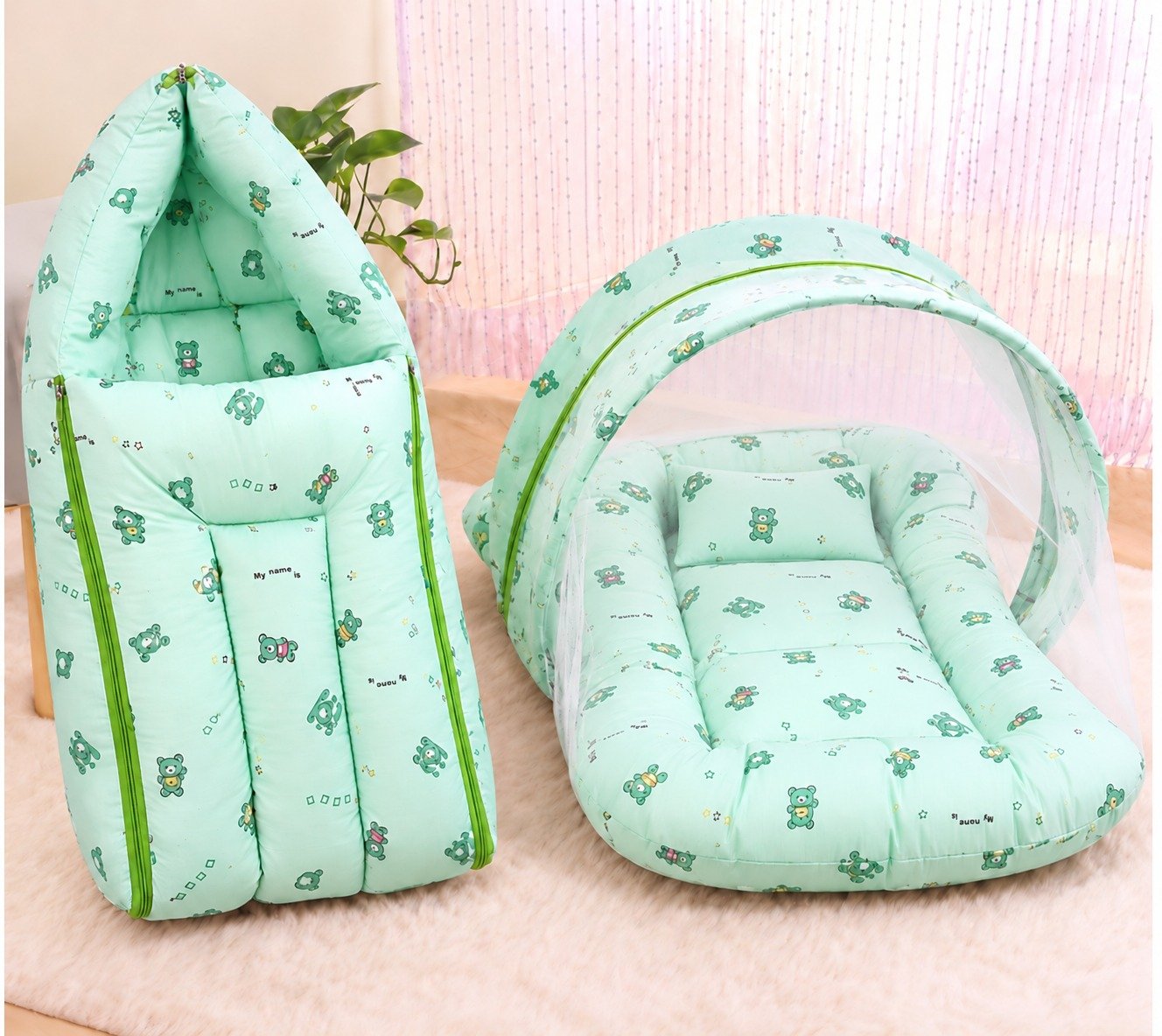 Premium Baby Carry Bed & Mosquito Net Bed Combo for Newborns-Green Panda