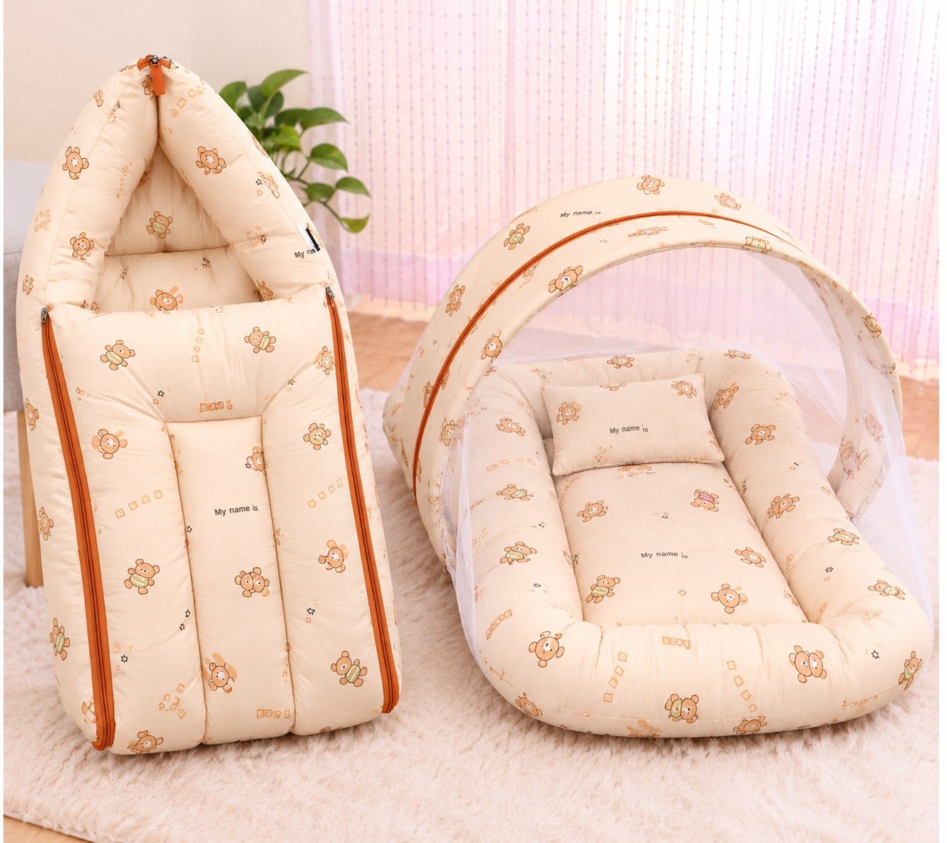 premium baby carry bed & mosquito net bed combo for newborns-Orange Teddy