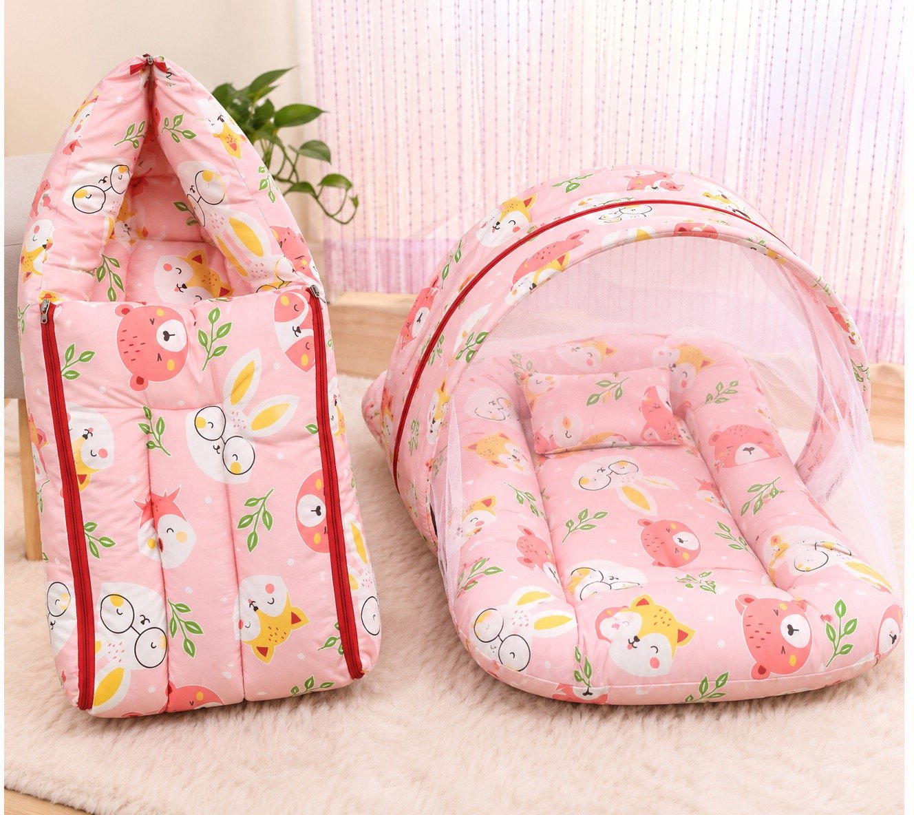 premium baby carry bed & mosquito net bed combo for newborns-Pink Rabbit