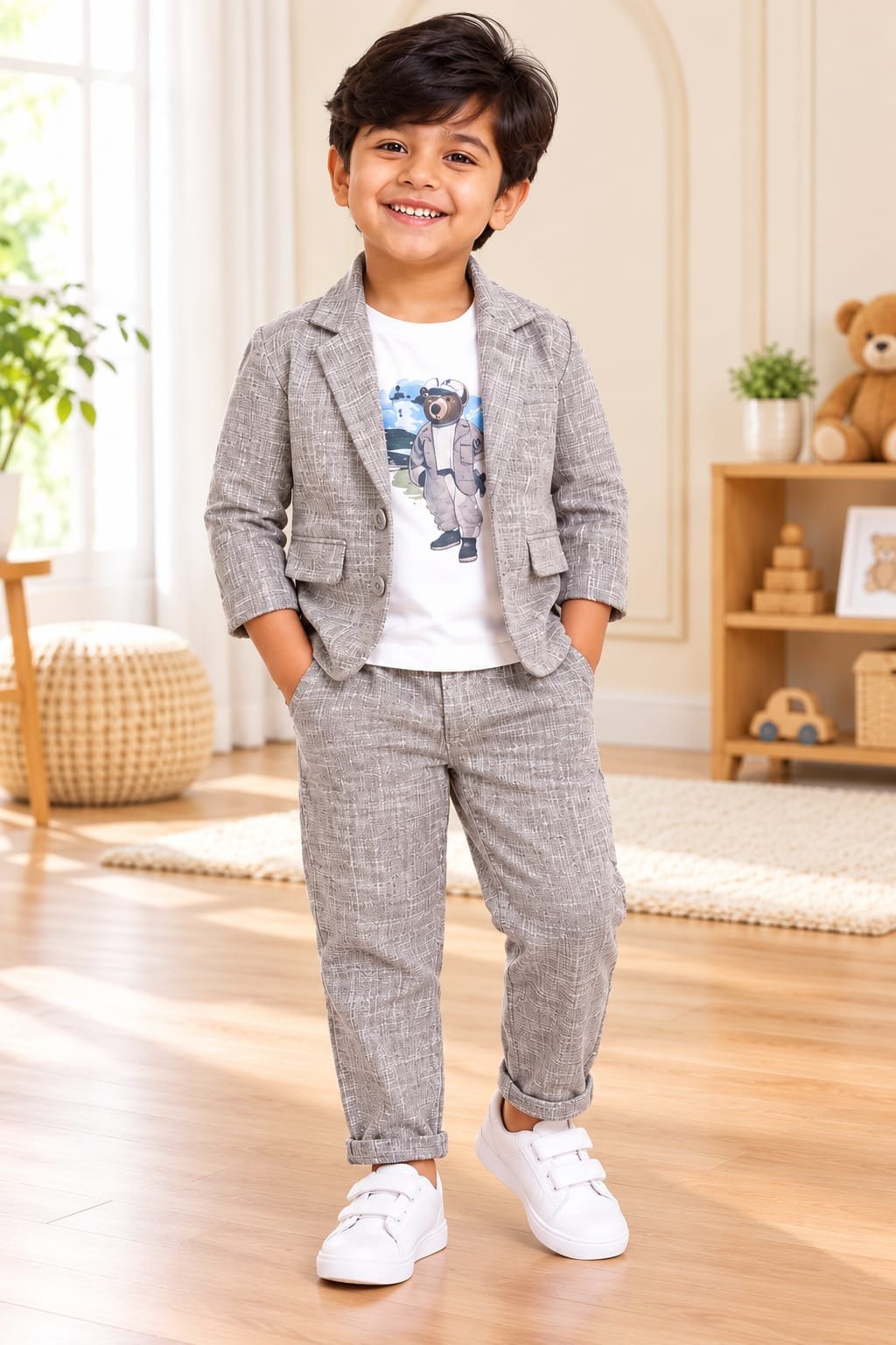 Boys Grey 3-Piece Blazer Suit Set with Bear Print T-Shirt