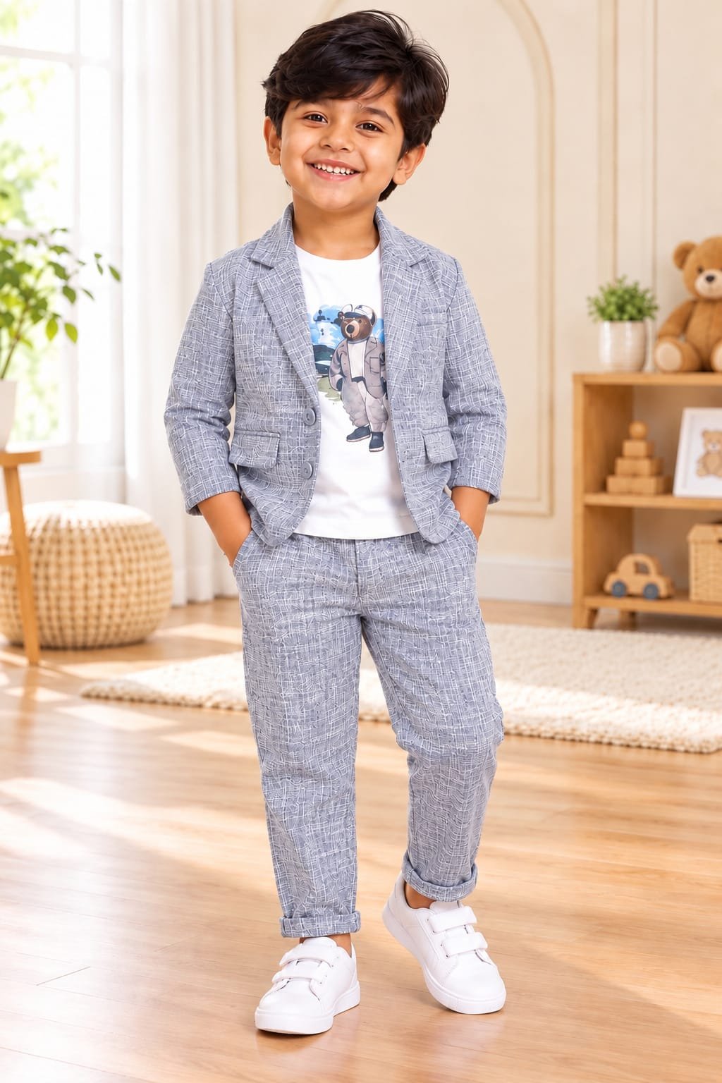 Boys Light Silver 3-Piece Blazer Suit Set with Bear Print T-Shirt