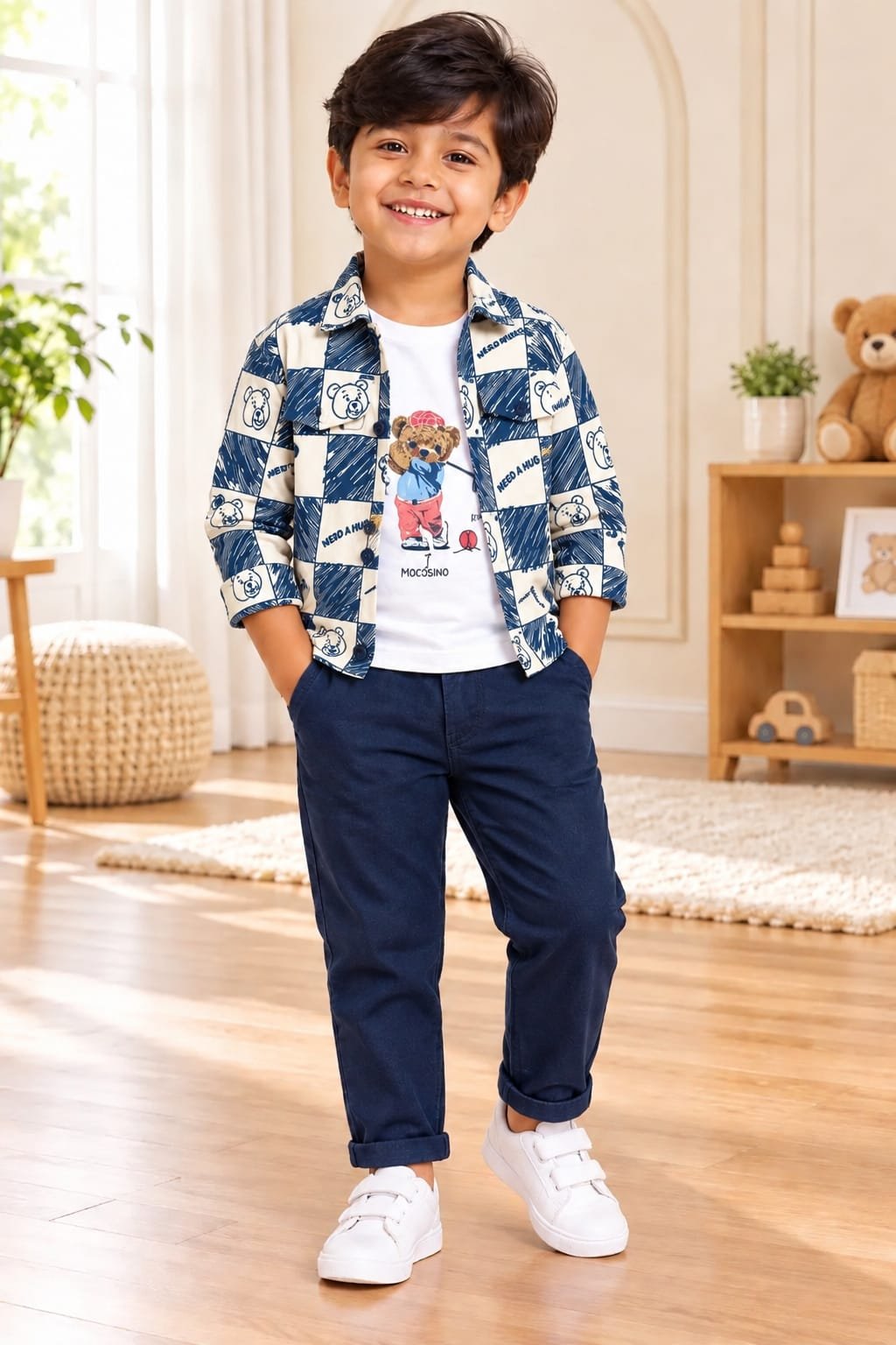 Boys Navy Blue Teddy Print 3-Piece Shirt, T-Shirt & Pant Set