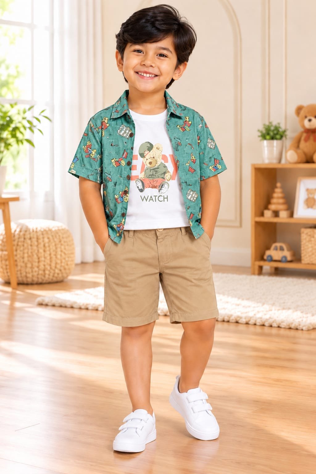 Boys Green 3-Piece Printed Shirt, Teddy T-Shirt & Beige Shorts Set
