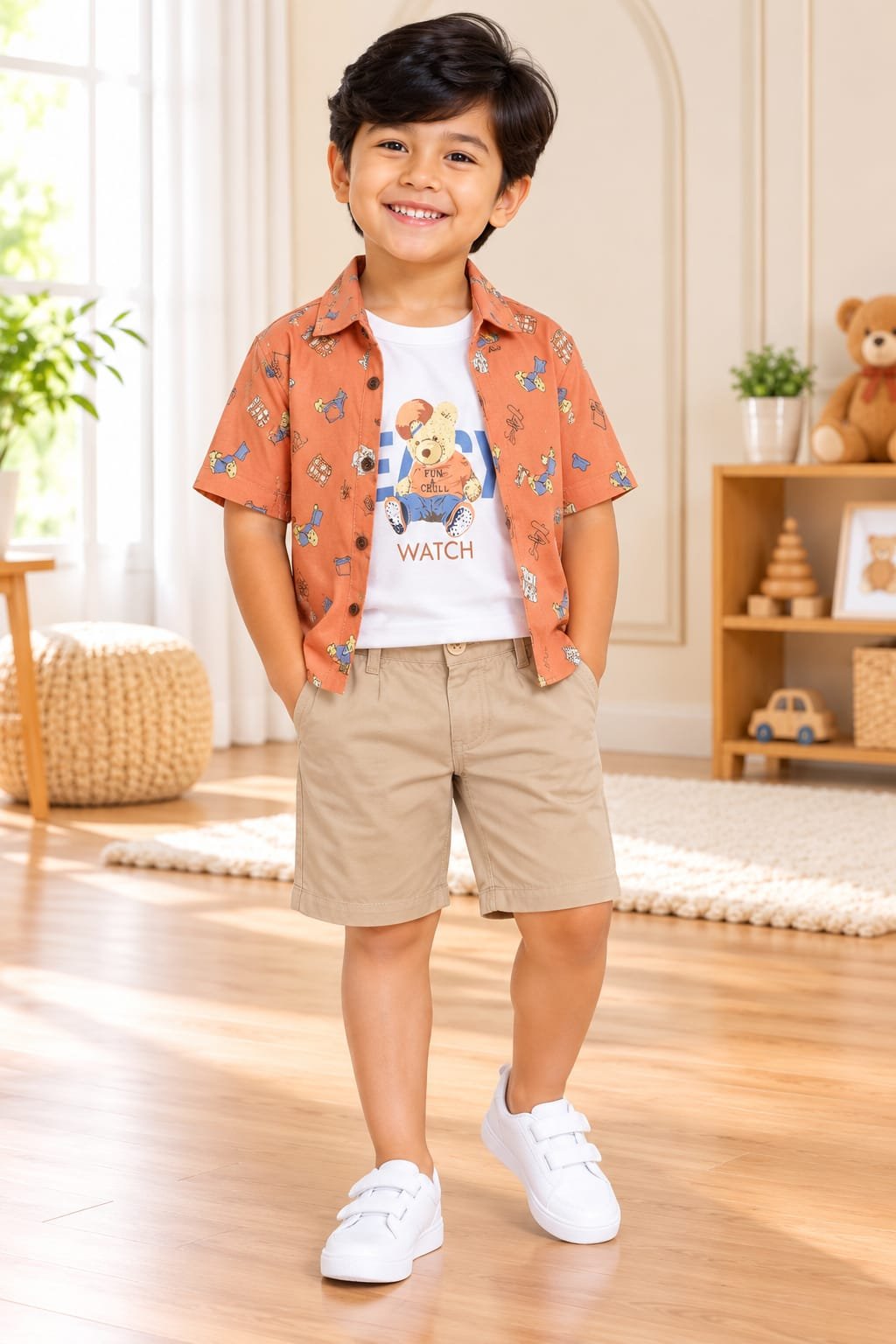 Boys Orange 3-Piece Shirt, Teddy T-Shirt & Beige Shorts Set