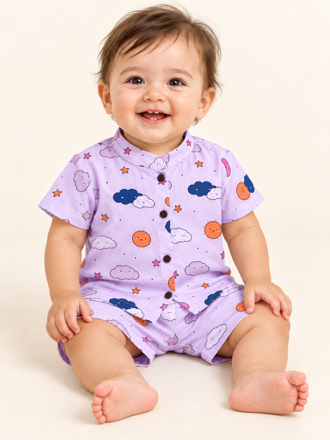 muslin chinese collar half sleeve kids co-ord set -Cute Assorted Print