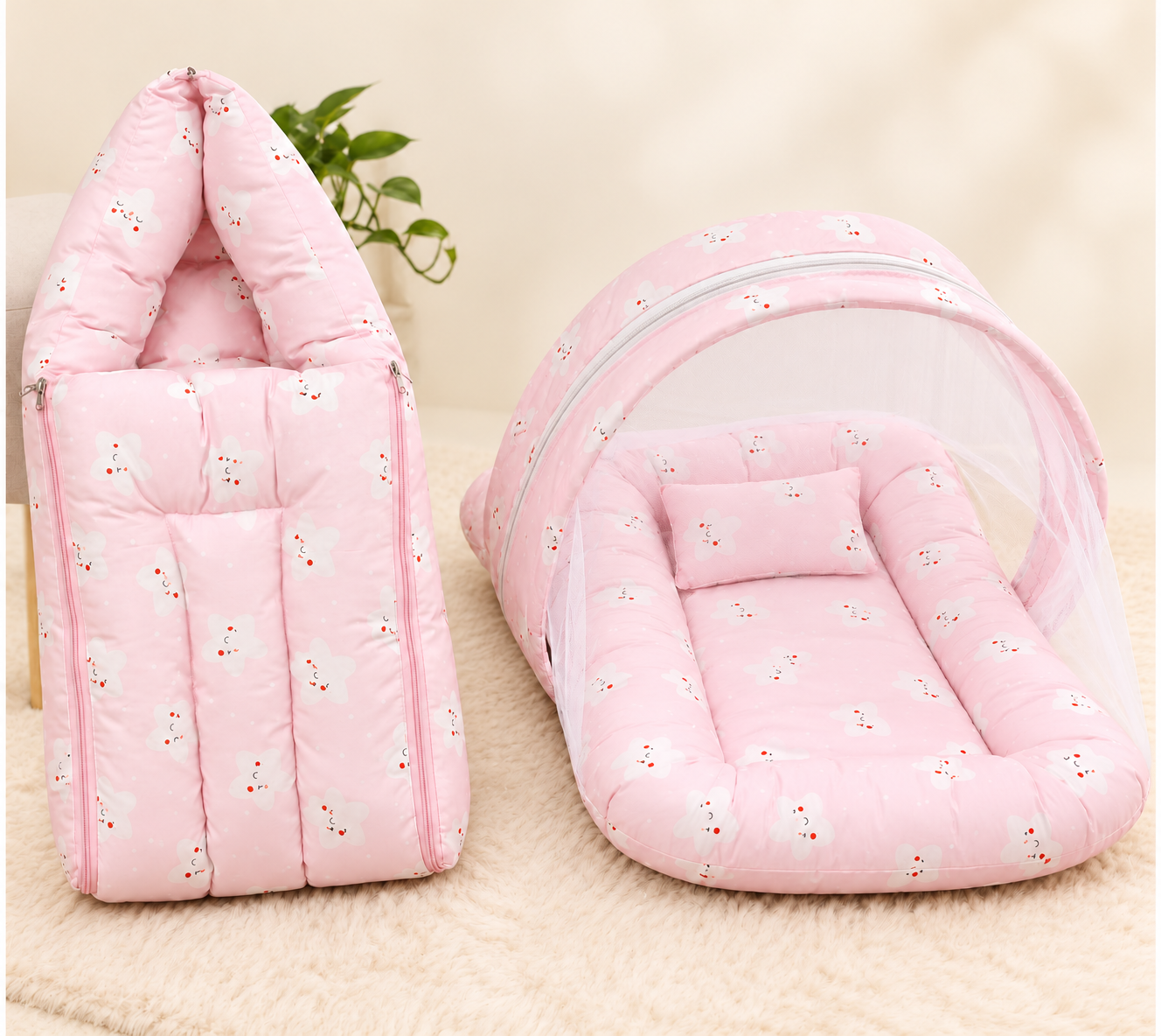 Premium Cotton Baby Carry Bed & Mosquito Net Bed Combo – Pink star