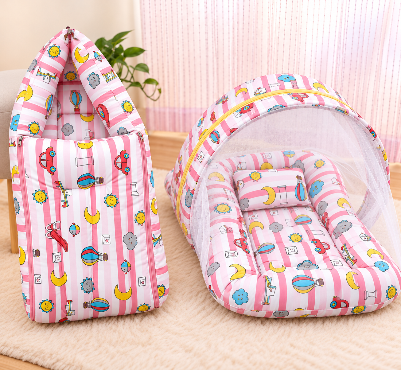 premium cotton baby carry bed & mosquito net bed combo – Pink With Multi Floral