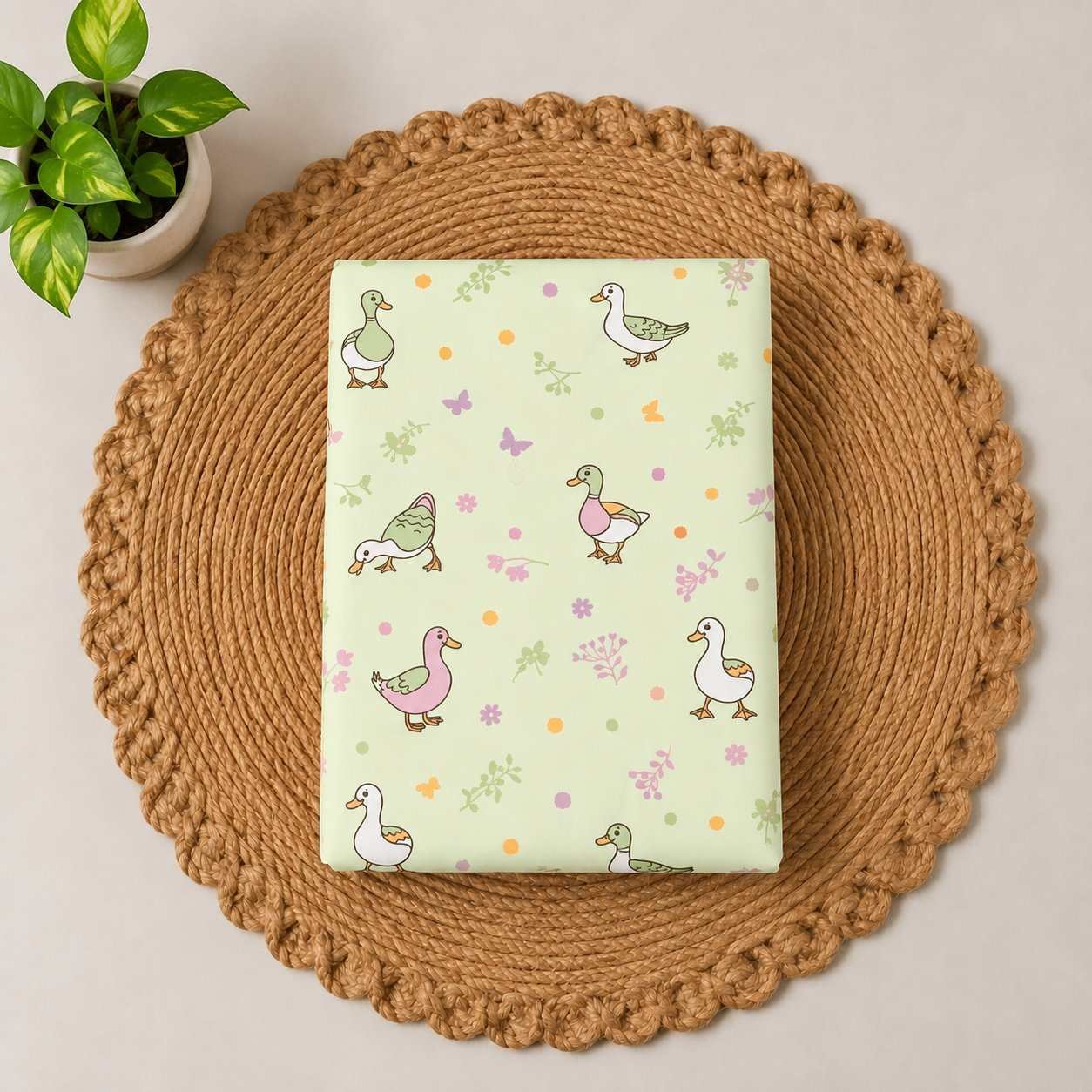 Organic Cotton Baby Cradle Cloth 3.6 Metres | Newborn Jhula-Green with Duck Prints