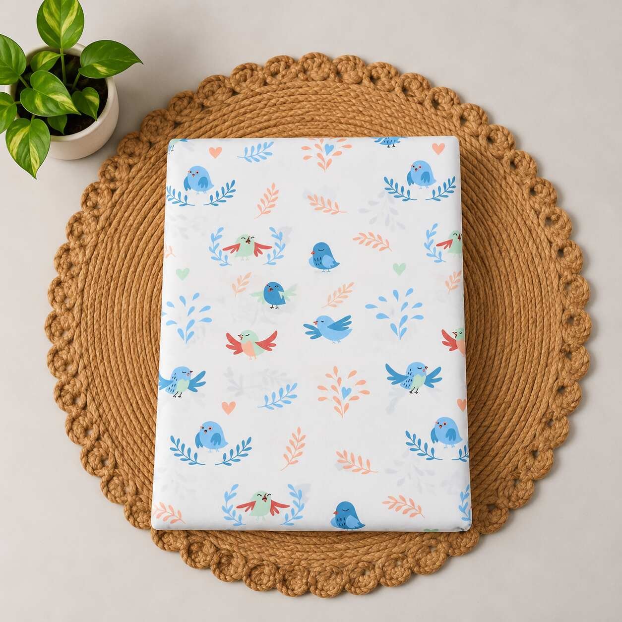organic cotton baby cradle cloth 3.6 metres | newborn jhula-White With Blue Birds prints